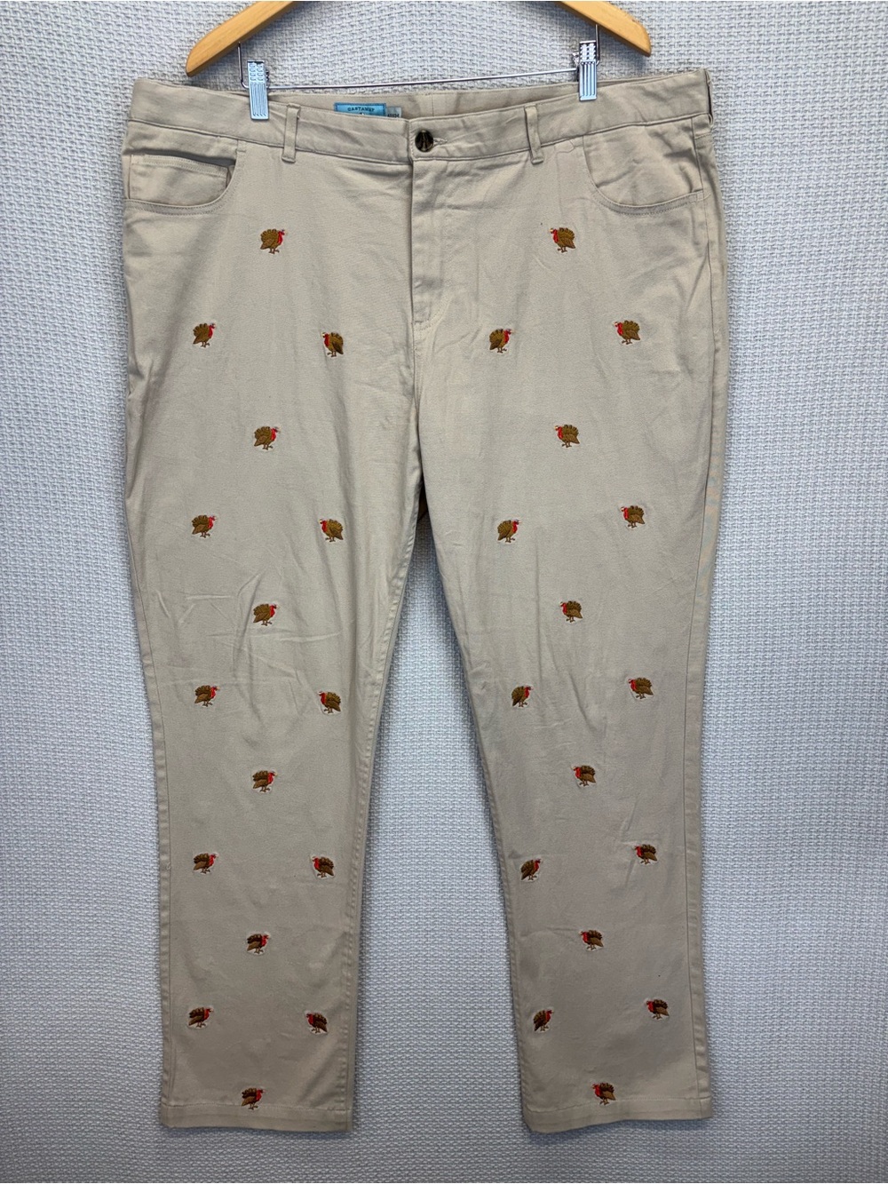 Castaway Nantucket Embroidered Thanksgiving Turkey Tan Pants 100% Cotton-42/UF